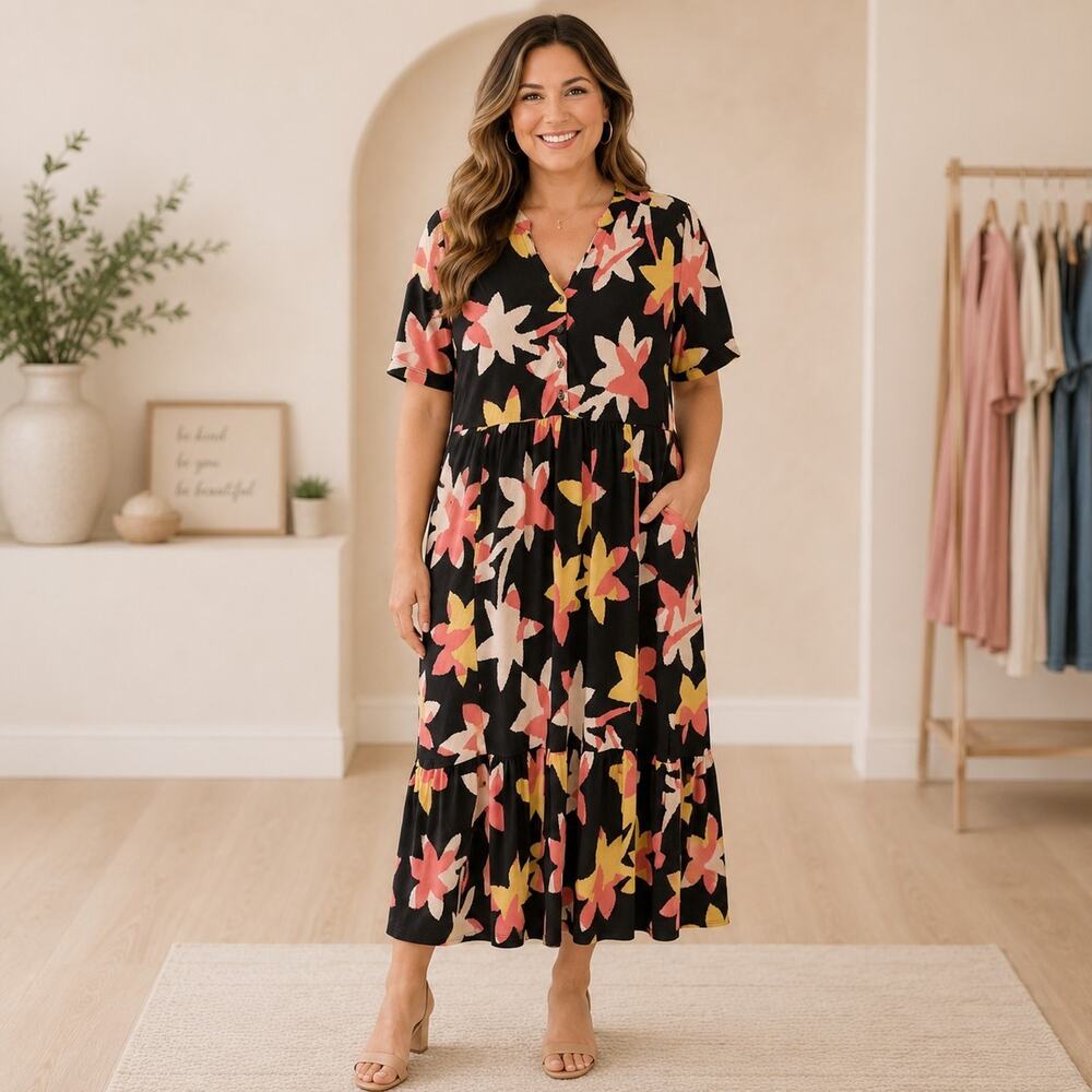 White Stuff Floral Midi Organic Cotton Dress With Pockets Size 8